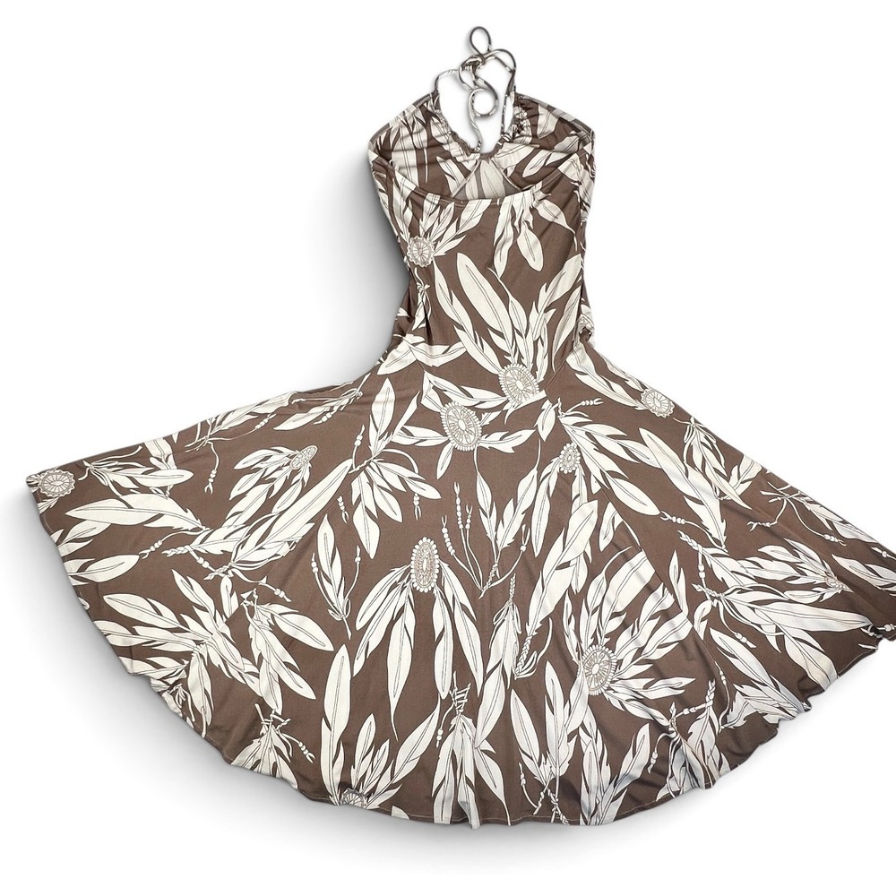 Mara Hoffman Sz Small Jersey Flared Halter Midi Dress Brown Cream Feathers - Picture 4 of 10